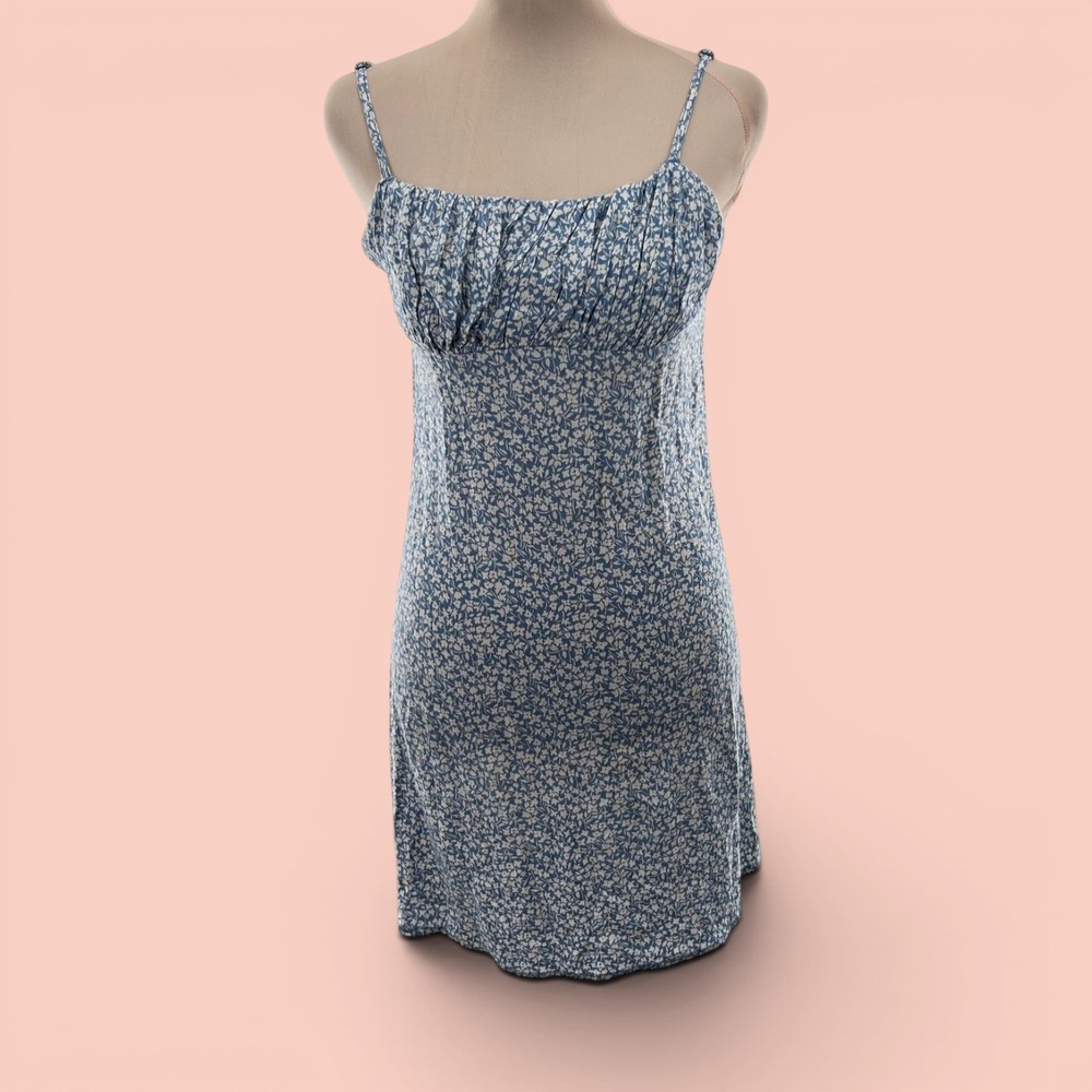 Billabong Blue Floral Ruched Mini Dress Womens Size XS Adjustable Straps Viscose